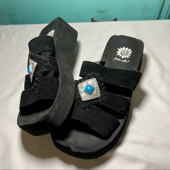 Yellow Box Black Suede Platform Slip-On Sandals with Turquoise and Silver Accent - Picture 7 of 12